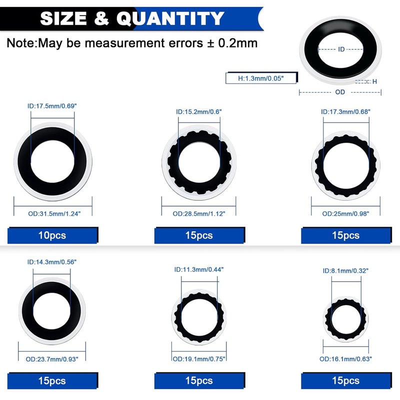 Daptemn 85PCS A/C Compressor Seal Washers Kit, 6 Sizes Air Conditioning Compressor Port Gasket Repairs Universal Automotive Self-Centered Bonded Sealing Washers (ID: 8mm-17.5mm) (Black) - Image 2